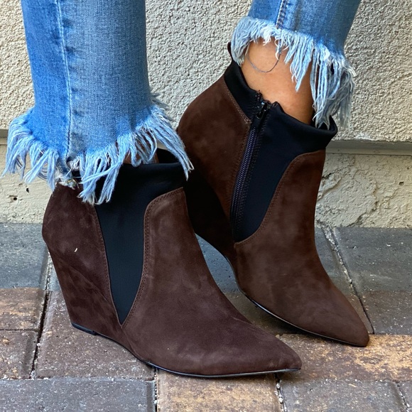 Brown Genuine Suede Chelsea Pointy Toe Wedge Boots - Picture 6 of 9